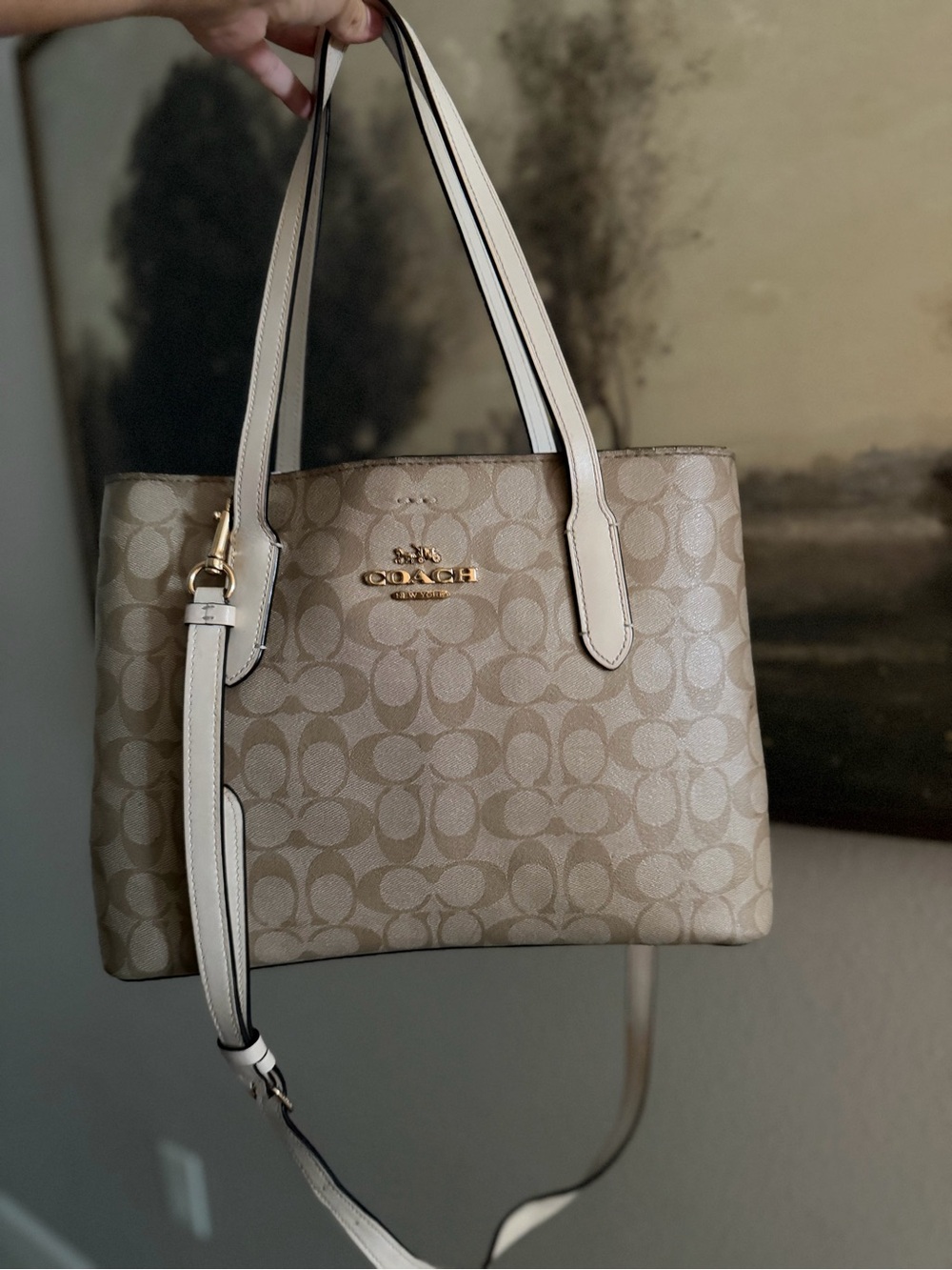 Coach Avenue Carryall Signature Canvas Khaki Chalk Leather Tote Shoulder Bag